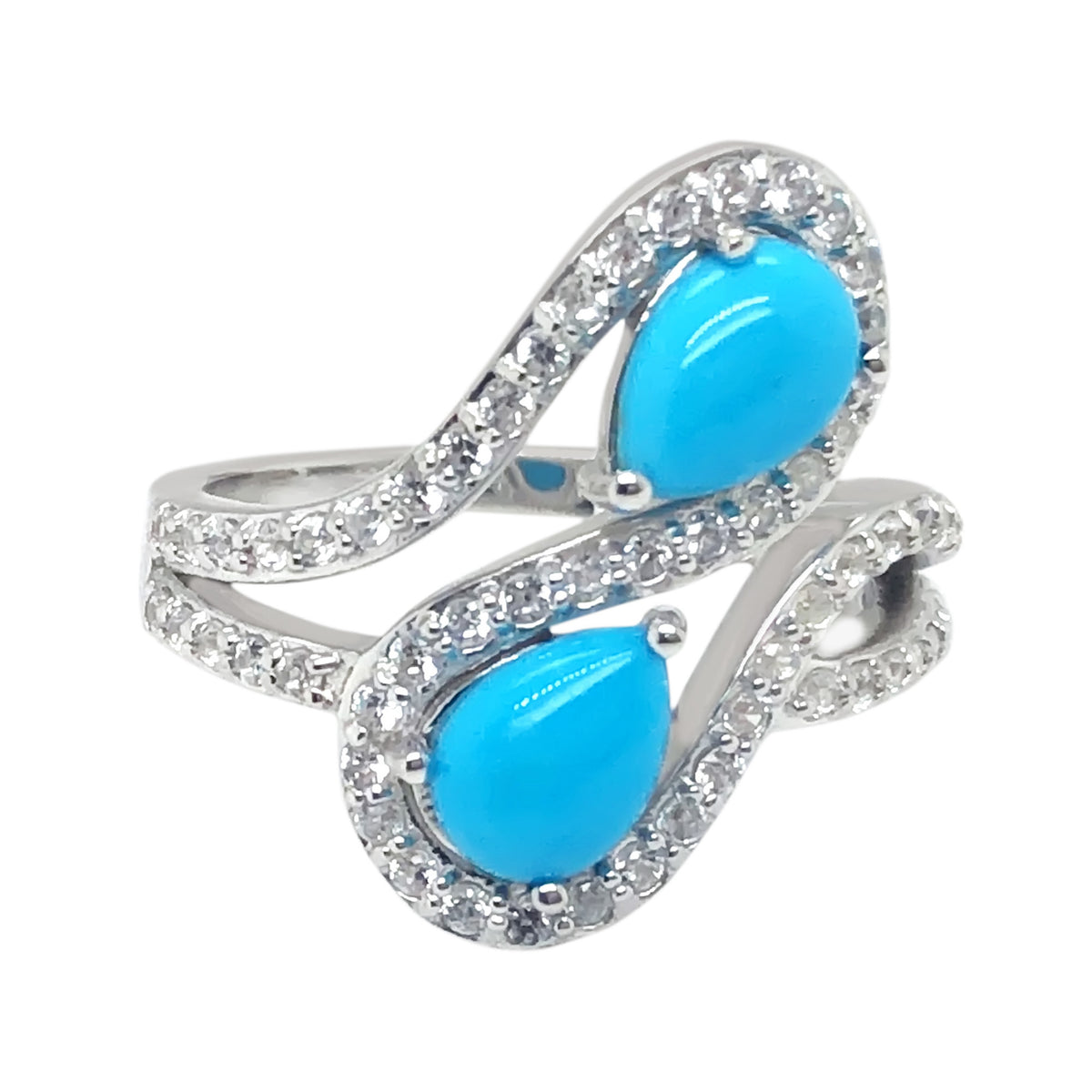Sterling Silver 7x5mm Sleeping Beauty Turq & White Zircon Bypass-Style Ring
