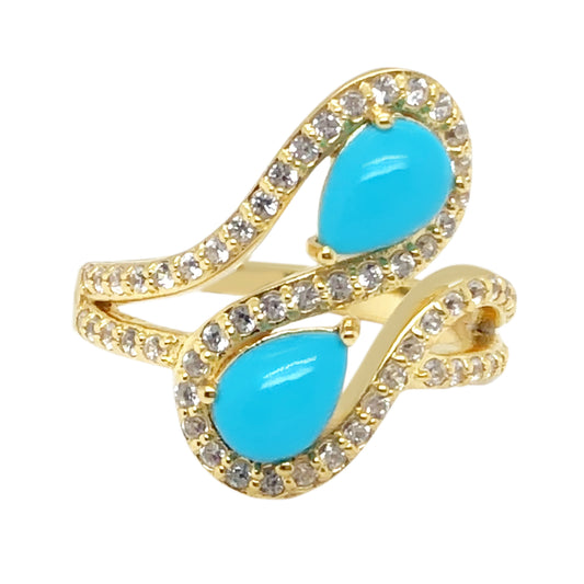 Sterling Silver 7x5mm Sleeping Beauty Turq & White Zircon Bypass-Style Ring