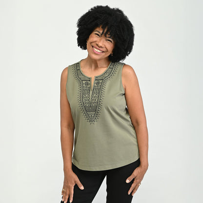 Christopher & Banks Embroidered Yoke Sleeveless Top