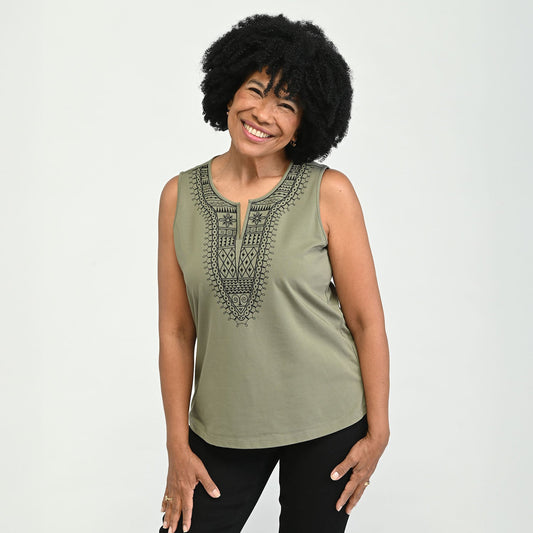 Christopher & Banks Embroidered Yoke Sleeveless Top