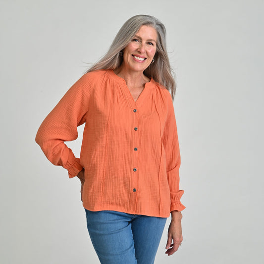 Christopher & Banks Raw Edge Y Neck Button Front Shirt