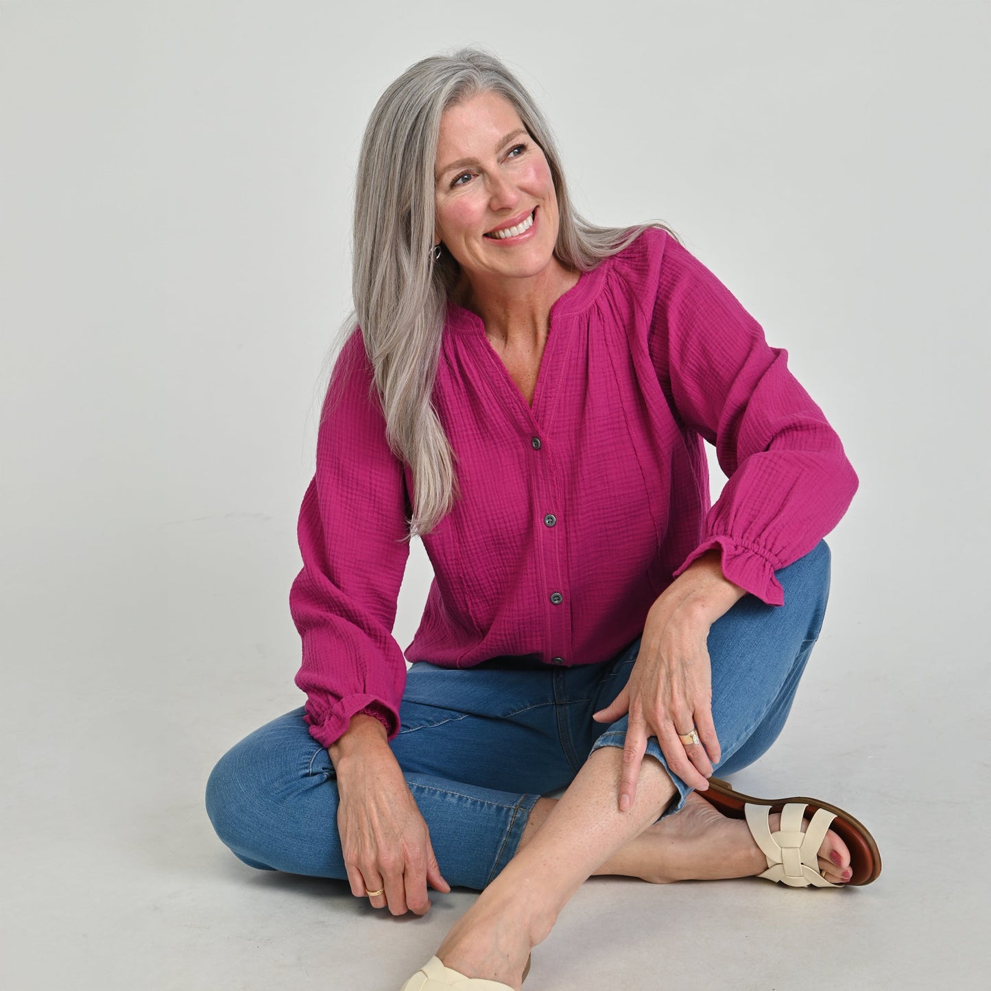 Christopher & Banks Raw Edge Y Neck Button Front Shirt