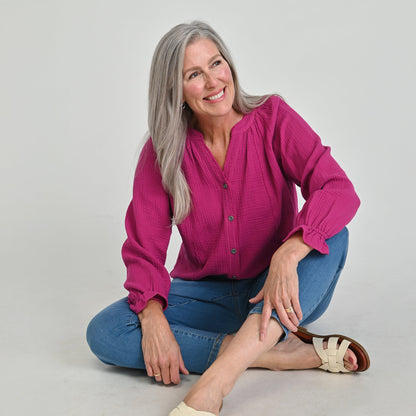 Christopher & Banks Raw Edge Y Neck Button Front Shirt