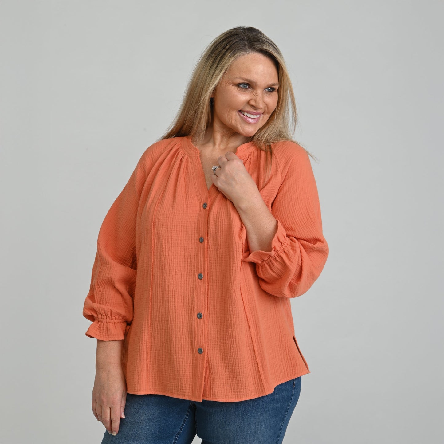 Christopher & Banks Raw Edge Y Neck Button Front Shirt