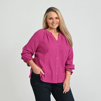 Christopher & Banks Raw Edge Y Neck Button Front Shirt