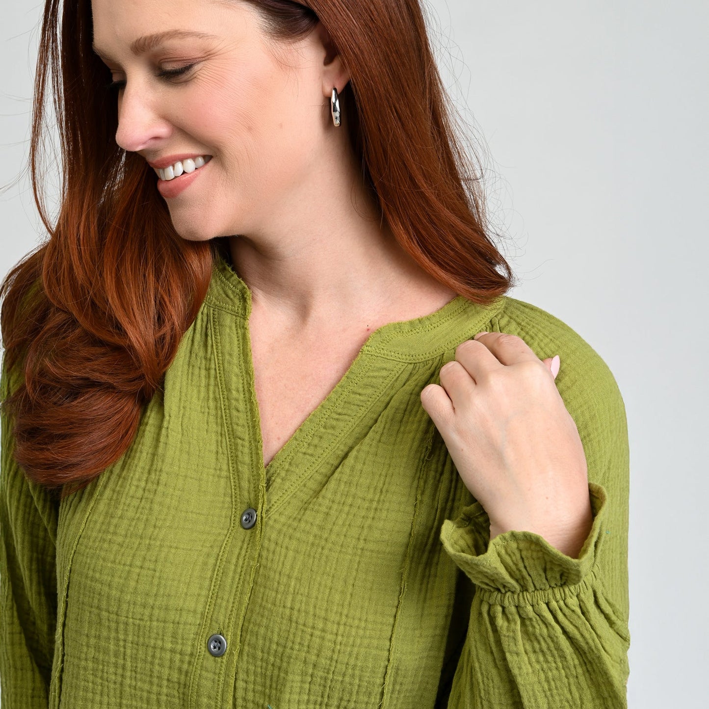 Christopher & Banks Raw Edge Y Neck Button Front Shirt