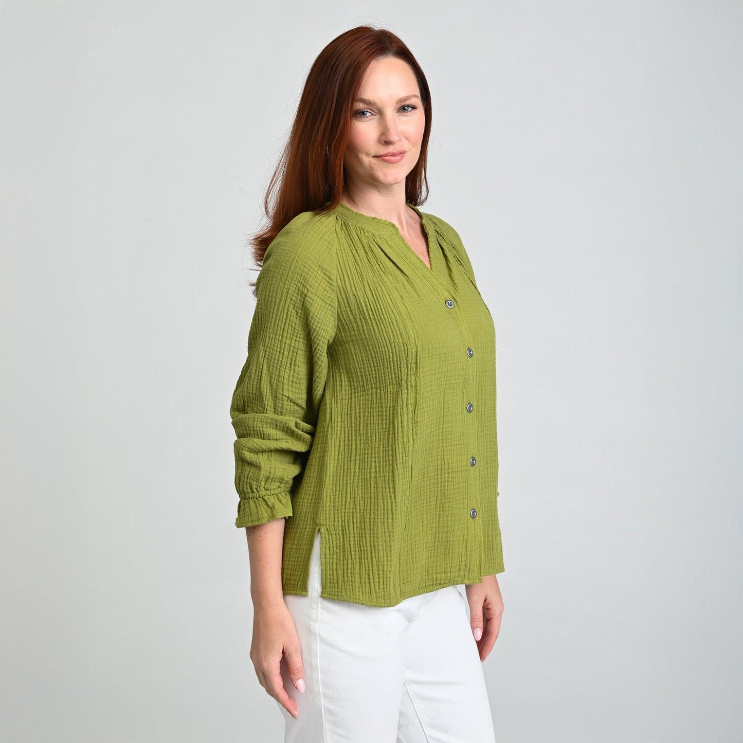 Christopher & Banks Raw Edge Y Neck Button Front Shirt