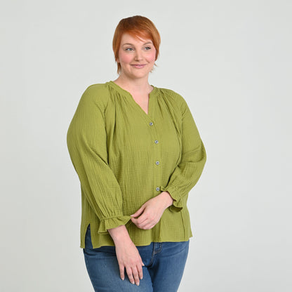 Christopher & Banks Raw Edge Y Neck Button Front Shirt