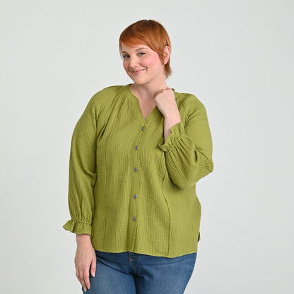 Christopher & Banks Raw Edge Y Neck Button Front Shirt