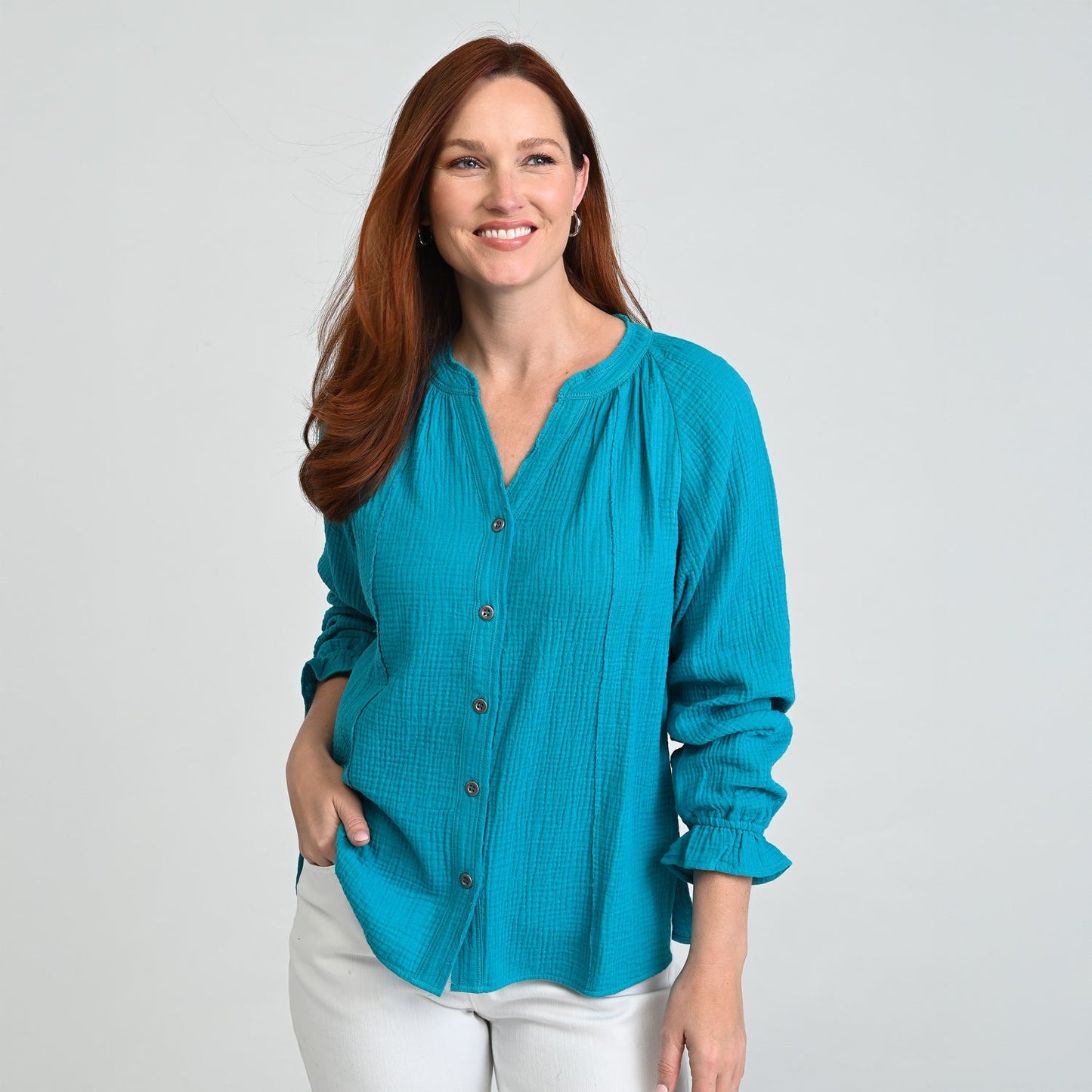 Christopher & Banks Raw Edge Y Neck Button Front Shirt