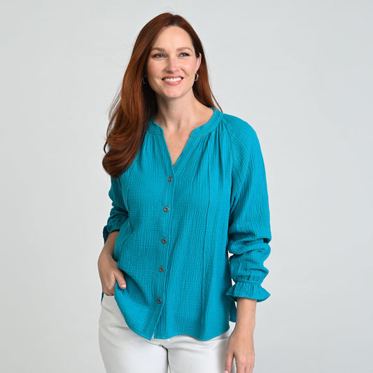 Christopher & Banks Raw Edge Y Neck Button Front Shirt