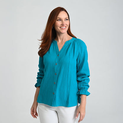 Christopher & Banks Raw Edge Y Neck Button Front Shirt