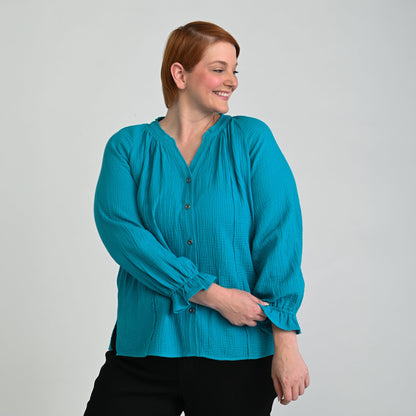 Christopher & Banks Raw Edge Y Neck Button Front Shirt