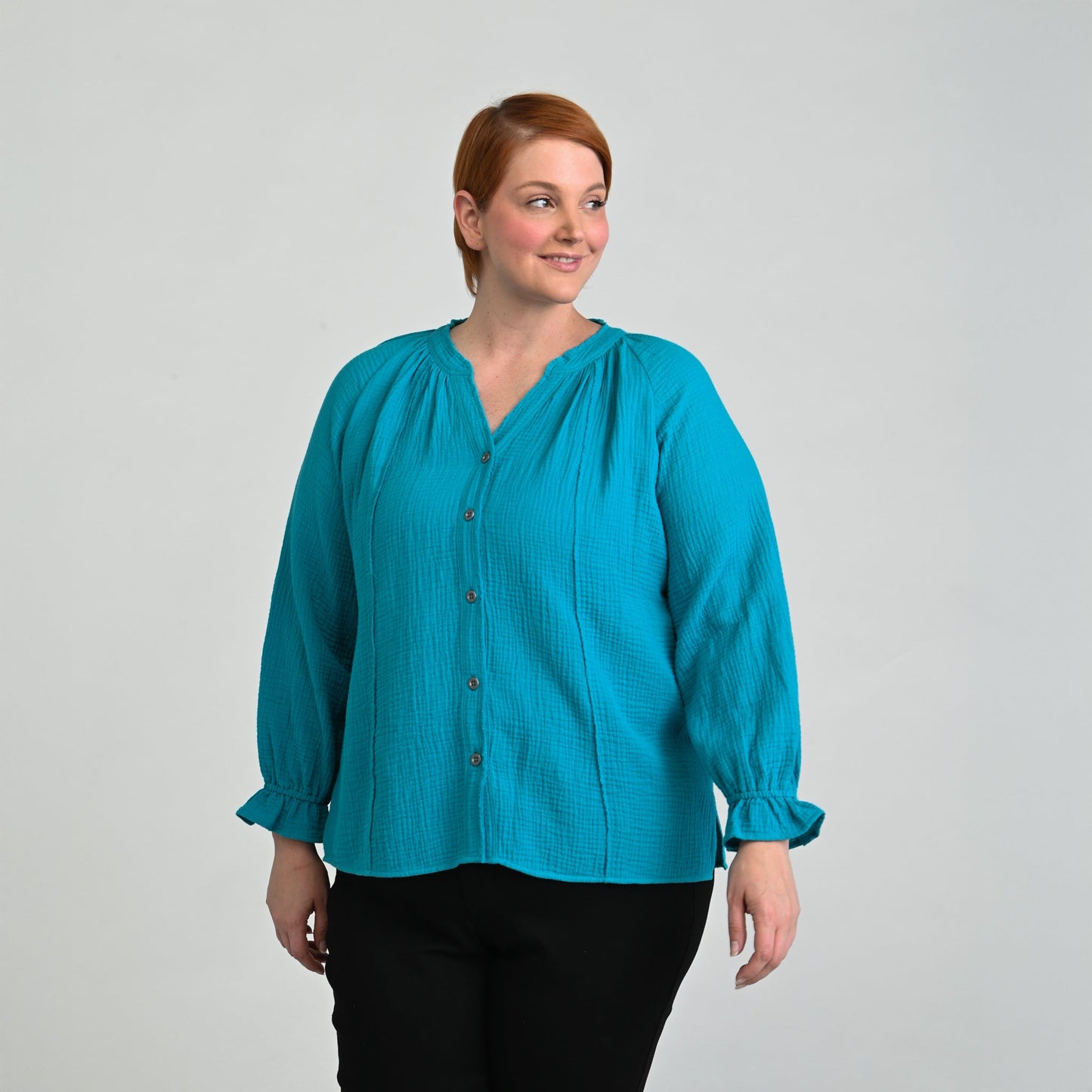 Christopher & Banks Raw Edge Y Neck Button Front Shirt