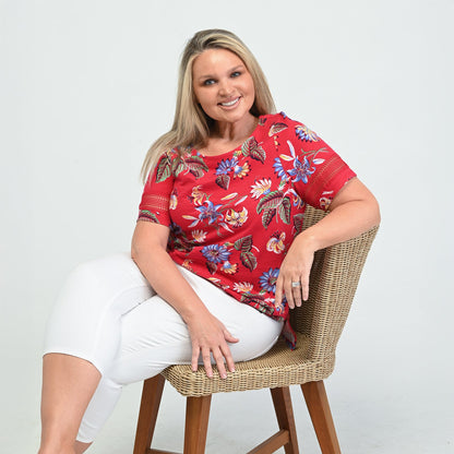 Christopher & Banks Floral Print Lace Inset Short Sleeve Tee