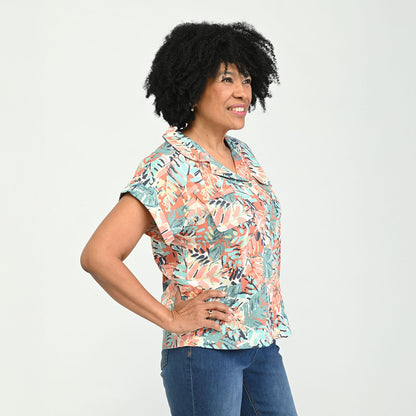 Christopher & Banks Button Front Linen Blend Short Sleeve Shirt