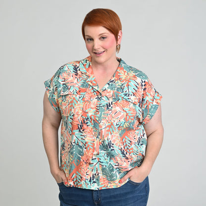 Christopher & Banks Button Front Linen Blend Short Sleeve Shirt