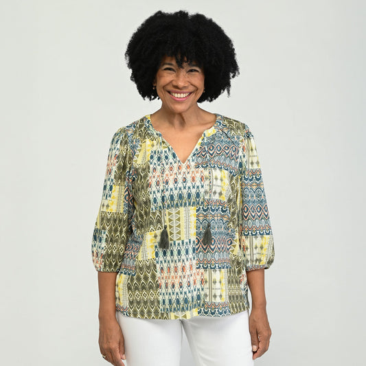 Christopher & Banks Printed Tie Neck 3/4 Sleeve Top