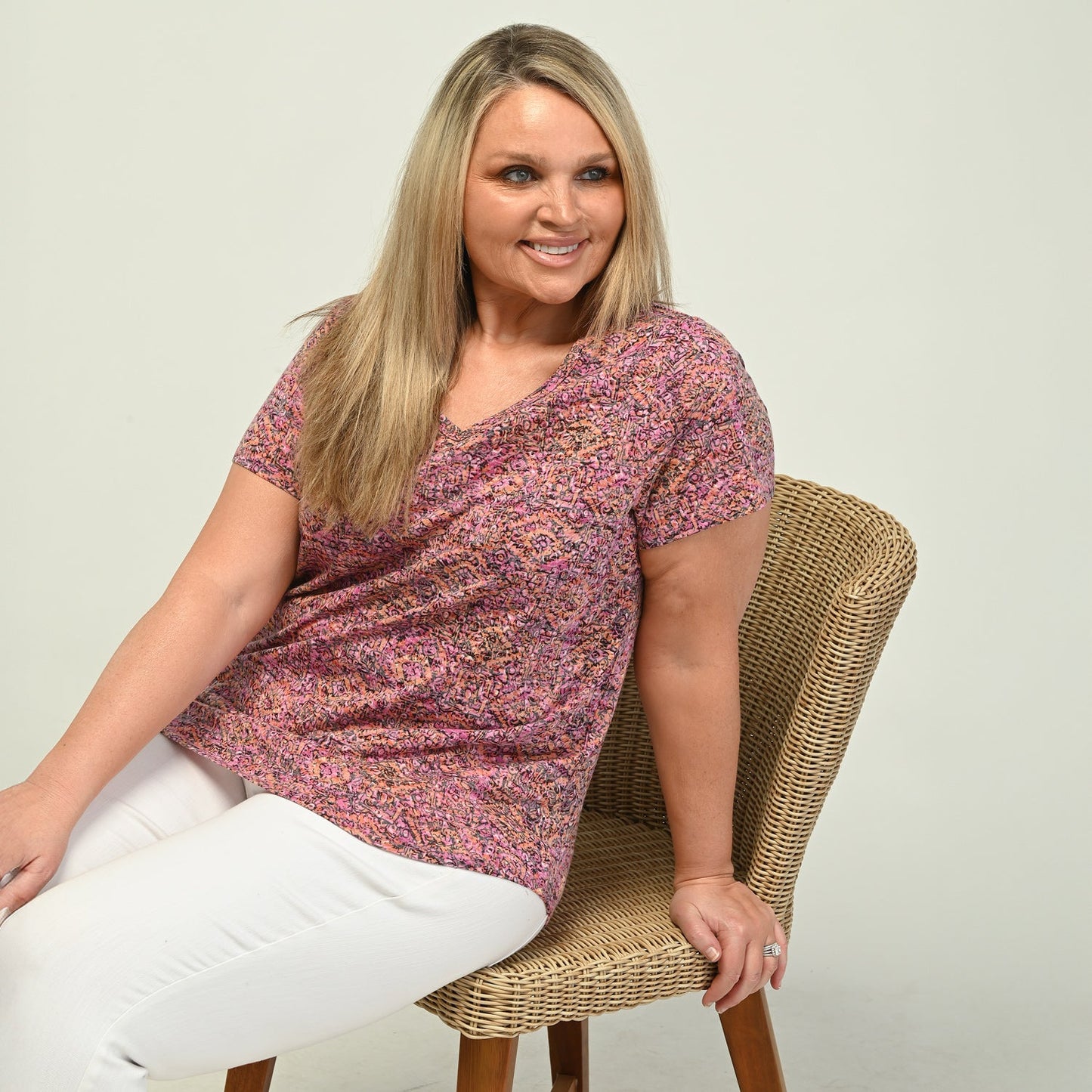 Christopher & Banks Printed V Neck Short Sleeve Burnout Tee