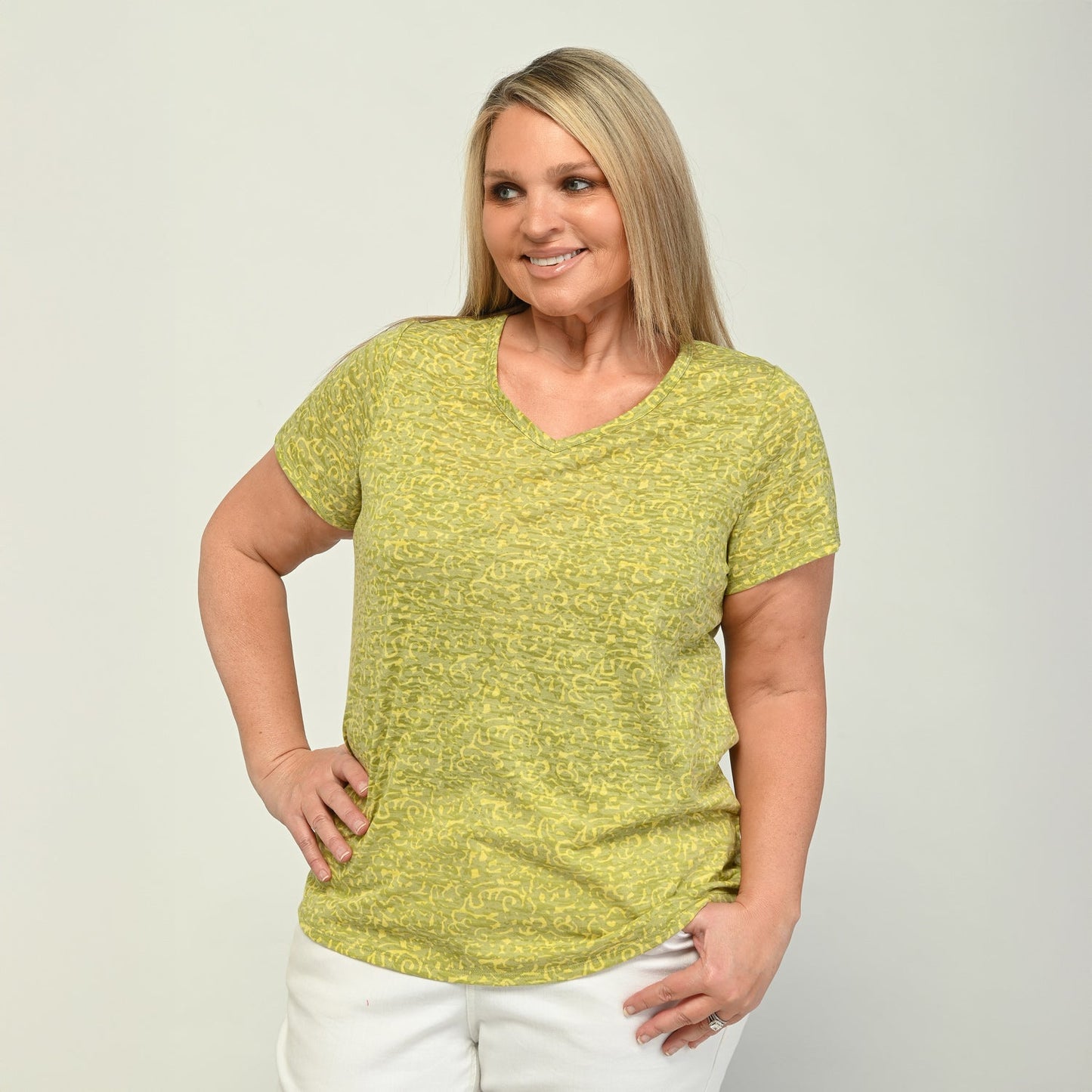 Christopher & Banks Printed V Neck Short Sleeve Burnout Tee