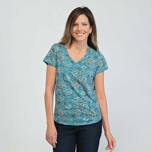 Christopher & Banks Printed V Neck Short Sleeve Burnout Tee