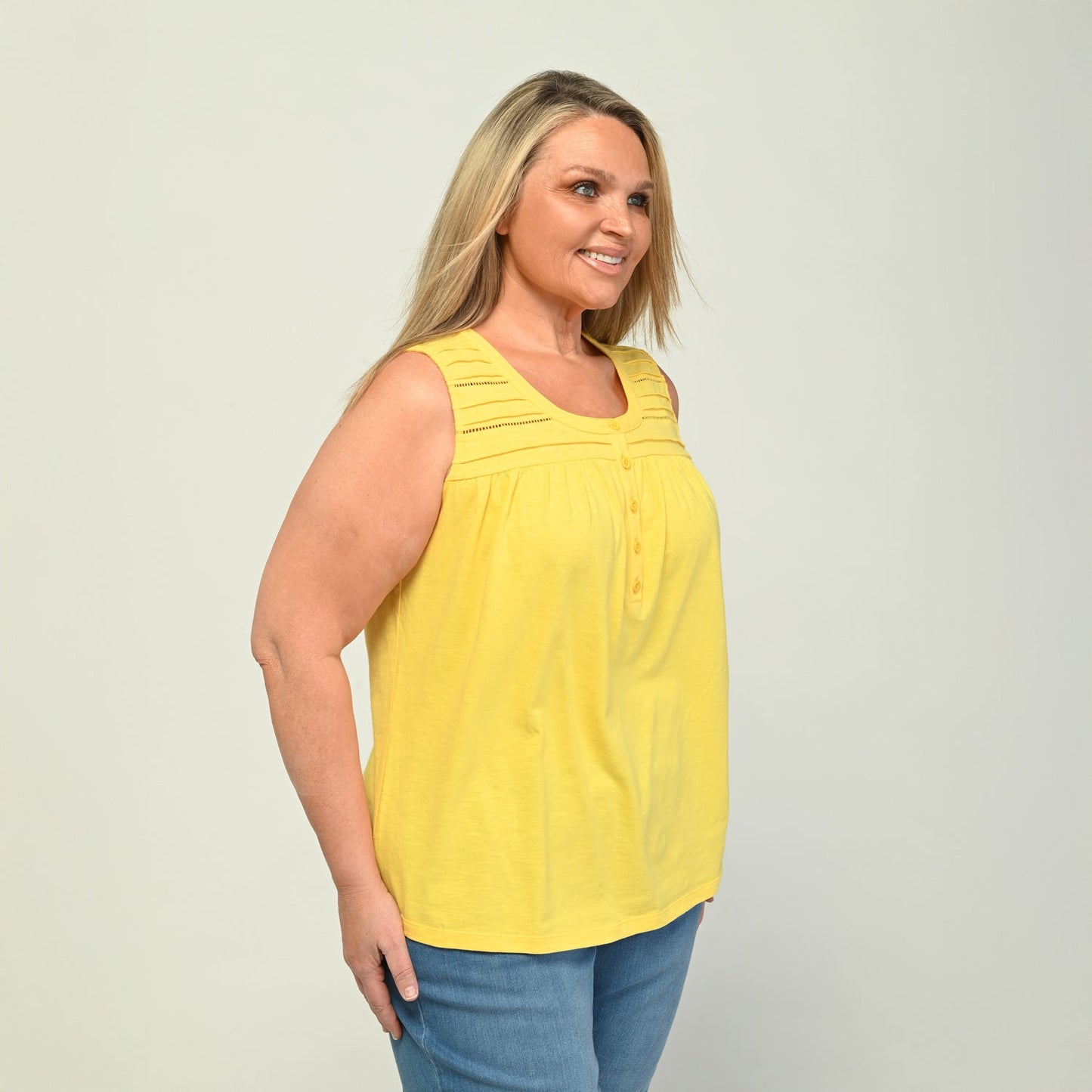 Christopher & Banks Pleated Yoke Y Neck Sleeveless Top