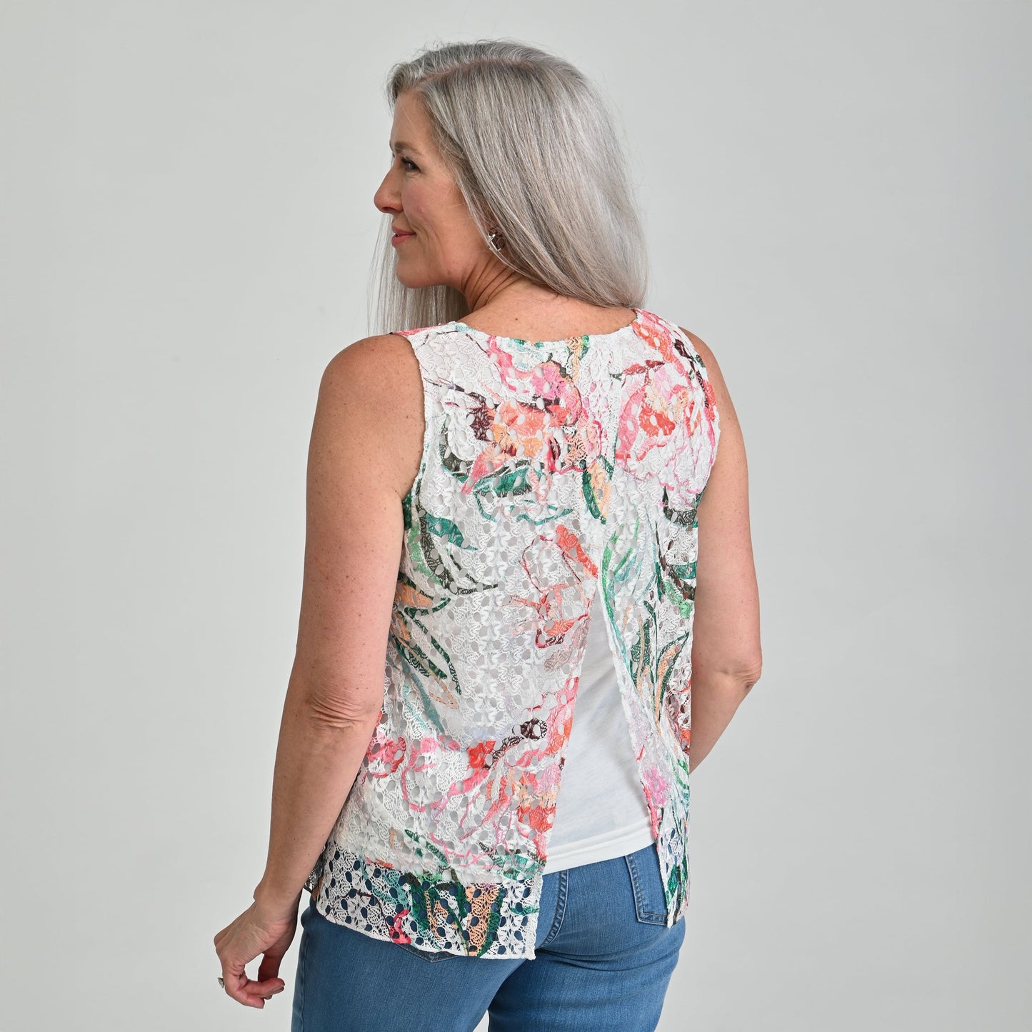 Christopher & Banks Printed Lace Overlay Tank