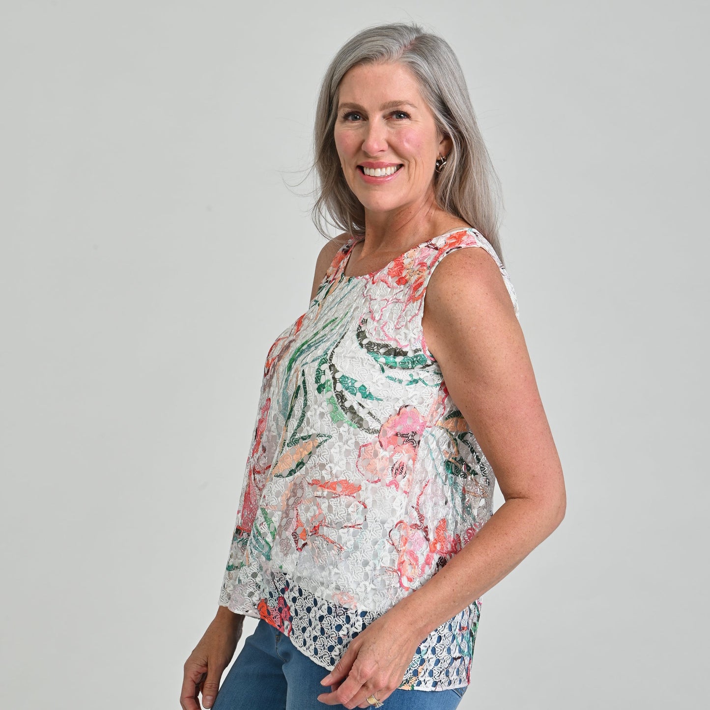 Christopher & Banks Printed Lace Overlay Tank