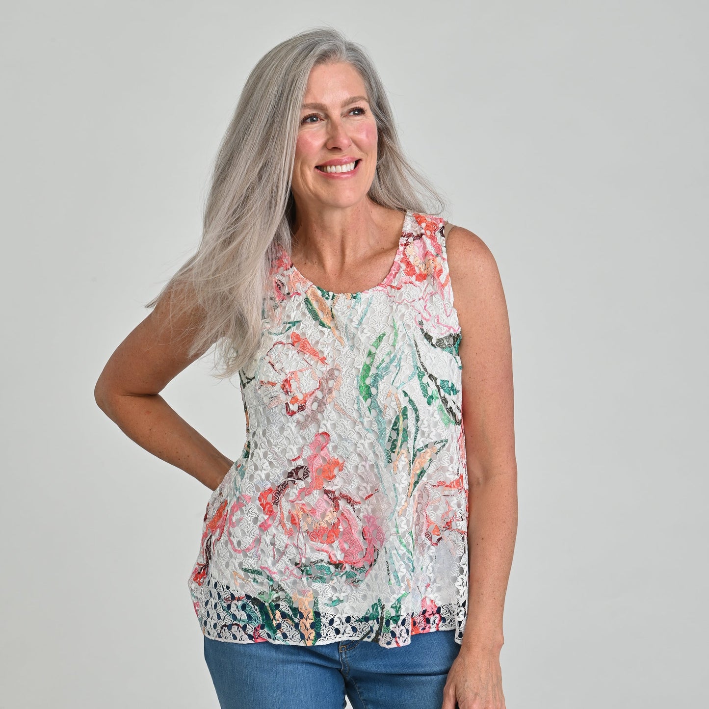 Christopher & Banks Printed Lace Overlay Tank