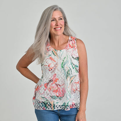 Christopher & Banks Printed Lace Overlay Tank