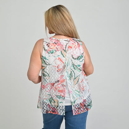Christopher & Banks Printed Lace Overlay Tank