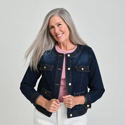 Christopher & Banks Button Front Collarless Denim Jacket