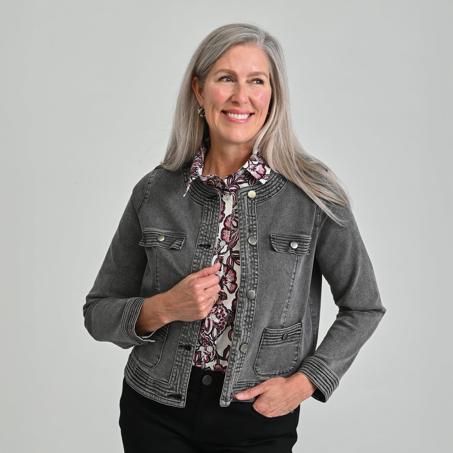 Christopher & Banks Button Front Collarless Denim Jacket
