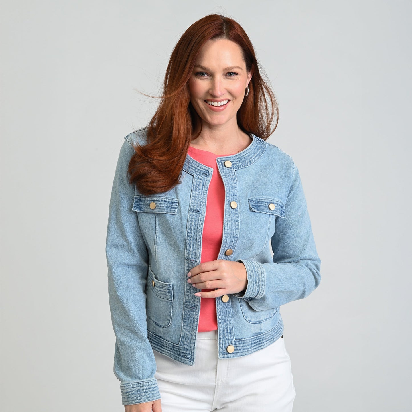 Christopher & Banks Button Front Collarless Denim Jacket