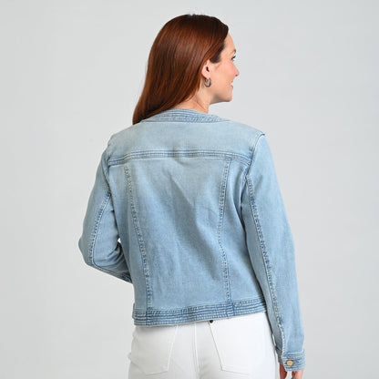 Christopher & Banks Button Front Collarless Denim Jacket