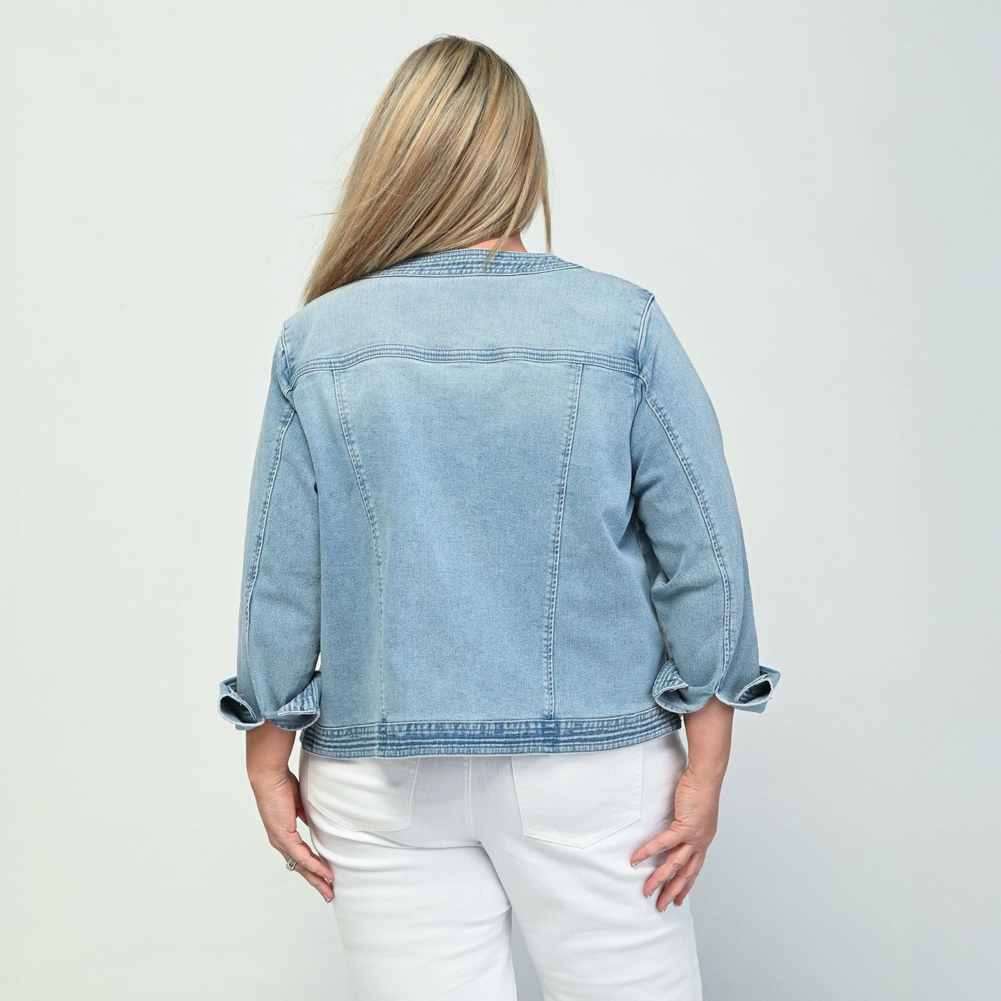 Christopher & Banks Button Front Collarless Denim Jacket
