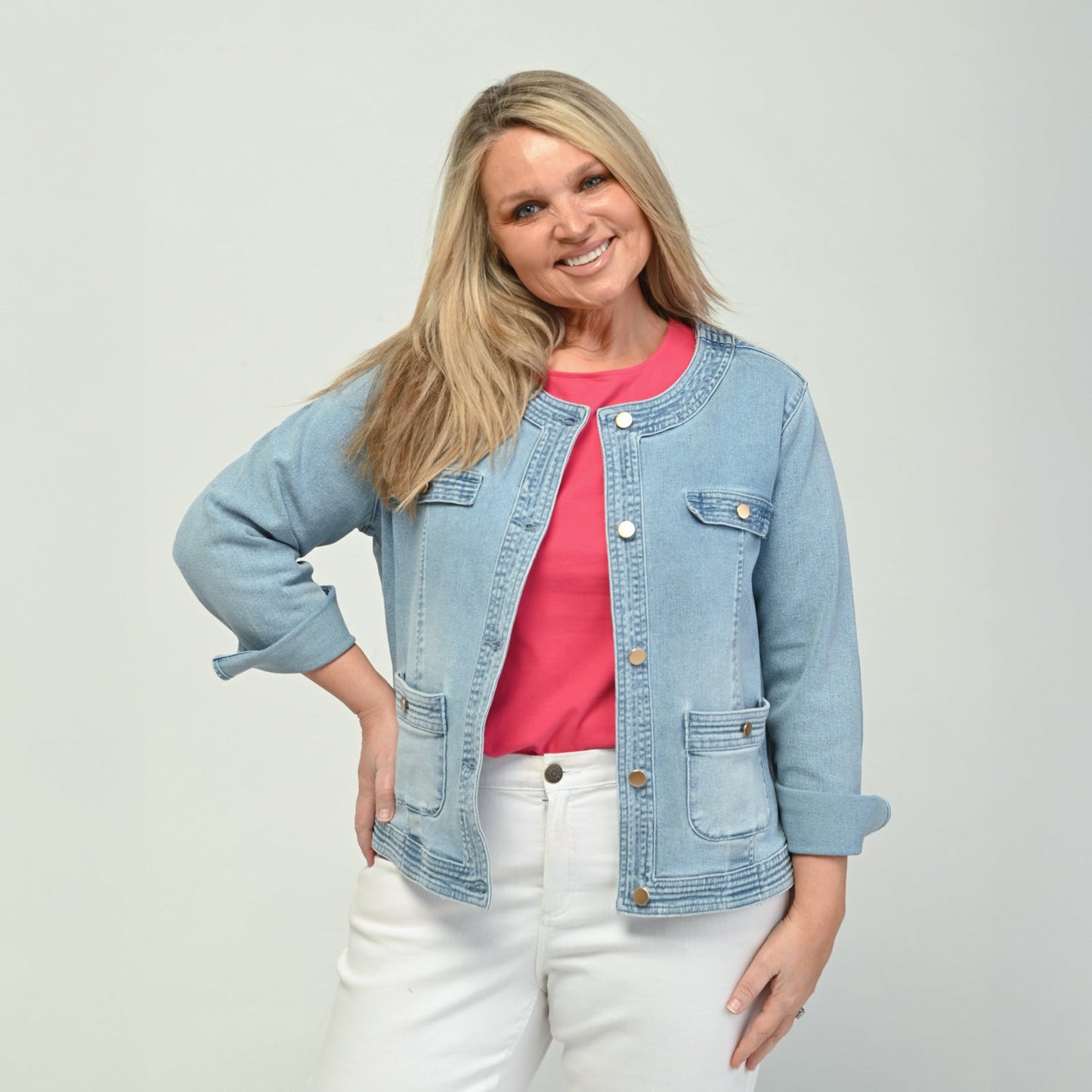 Christopher & Banks Button Front Collarless Denim Jacket