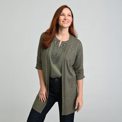 Christopher & Banks Ruched ¾ Sleeve Textured Cardigan