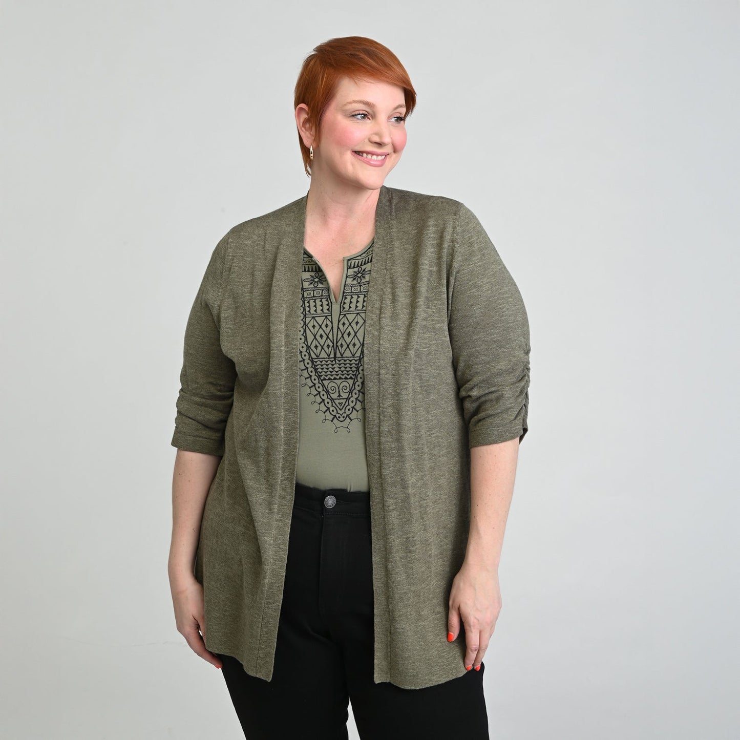 Christopher & Banks Ruched ¾ Sleeve Textured Cardigan