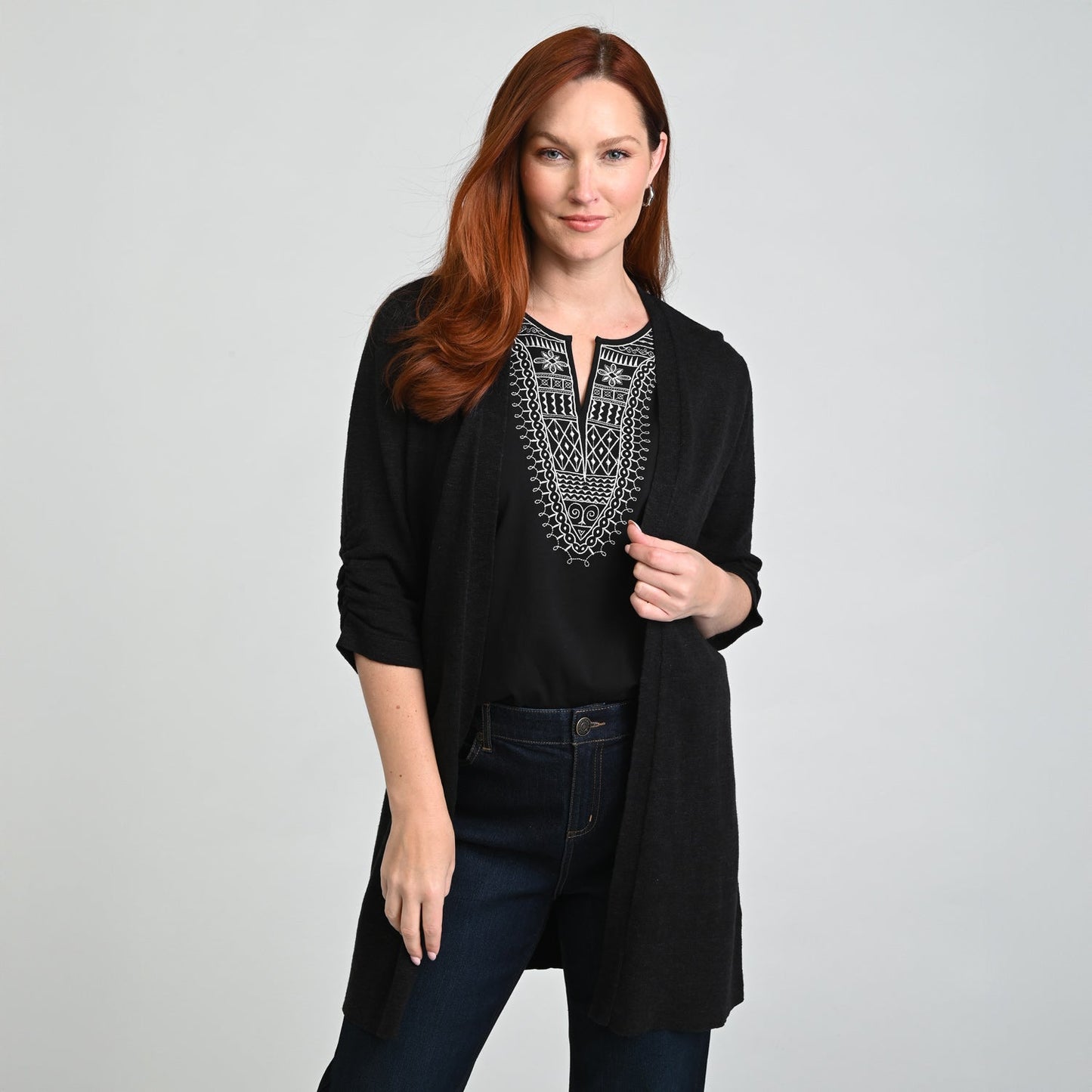 Christopher & Banks Ruched ¾ Sleeve Textured Cardigan