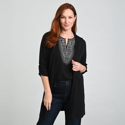 Christopher & Banks Ruched ¾ Sleeve Textured Cardigan