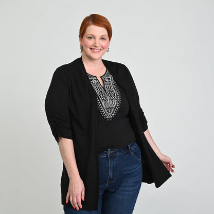 Christopher & Banks Ruched ¾ Sleeve Textured Cardigan