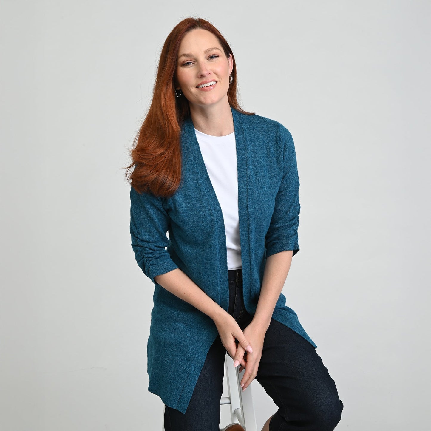 Christopher & Banks Ruched ¾ Sleeve Textured Cardigan