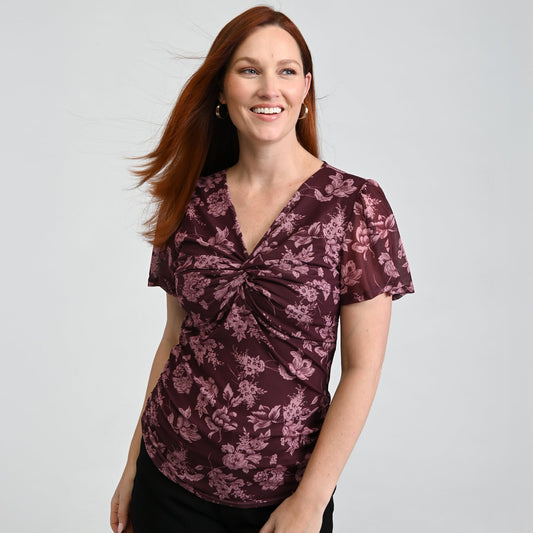 Christopher & Banks Floral Print Twist Neck Mesh Top