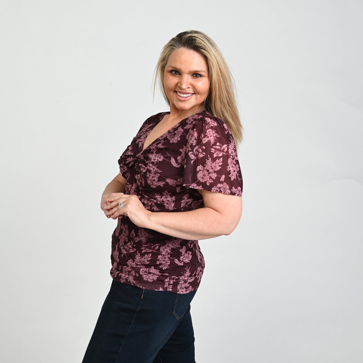 Christopher & Banks Floral Print Twist Neck Mesh Top