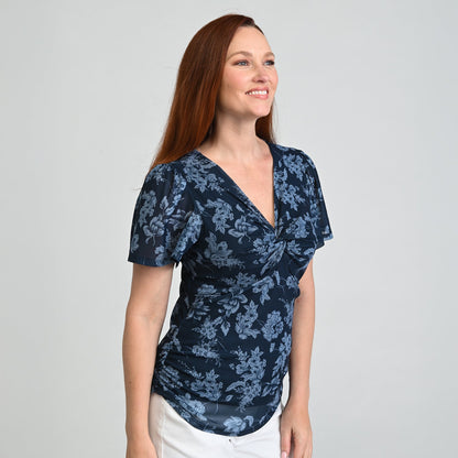 Christopher & Banks Floral Print Twist Neck Mesh Top