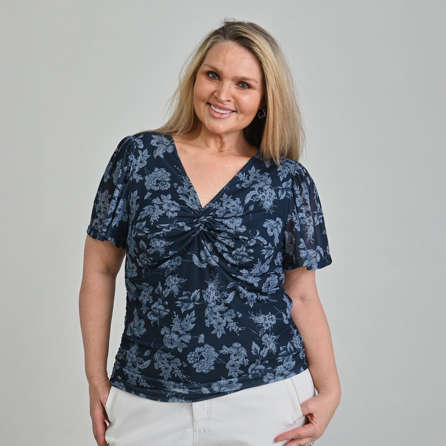 Christopher & Banks Floral Print Twist Neck Mesh Top