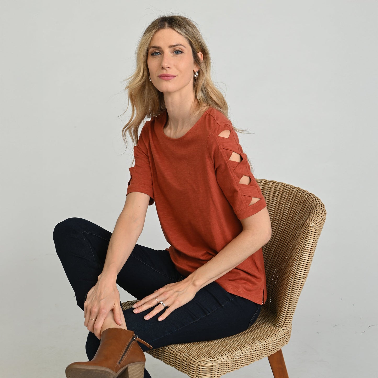 Christopher & Banks Lattice Sleeve Jewel Neck Top