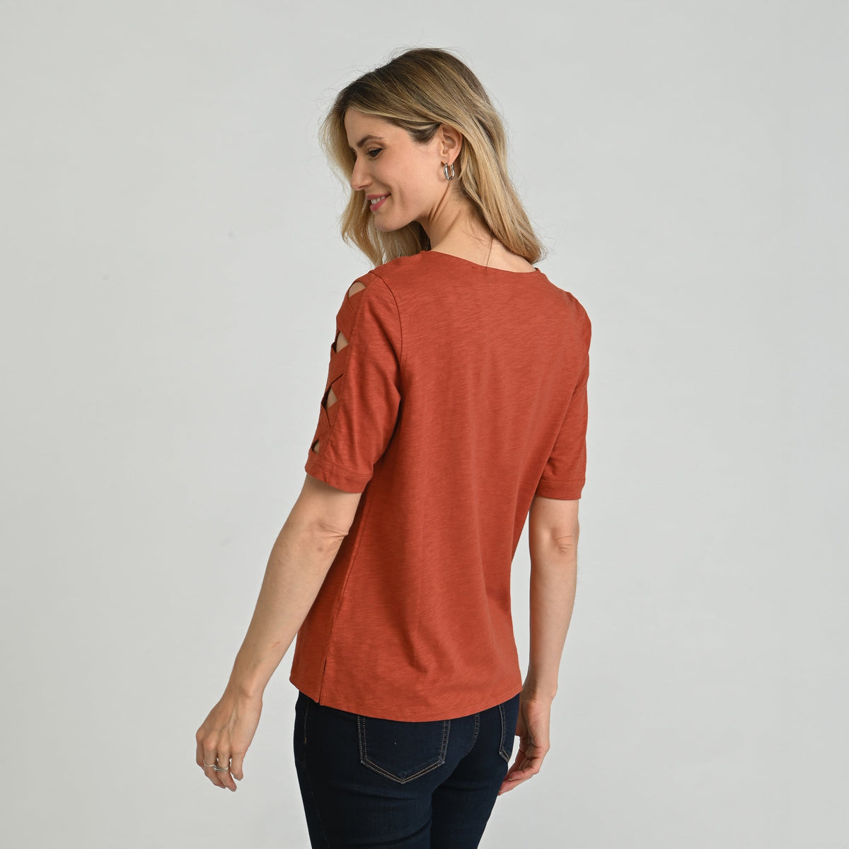 Christopher & Banks Lattice Sleeve Jewel Neck Top