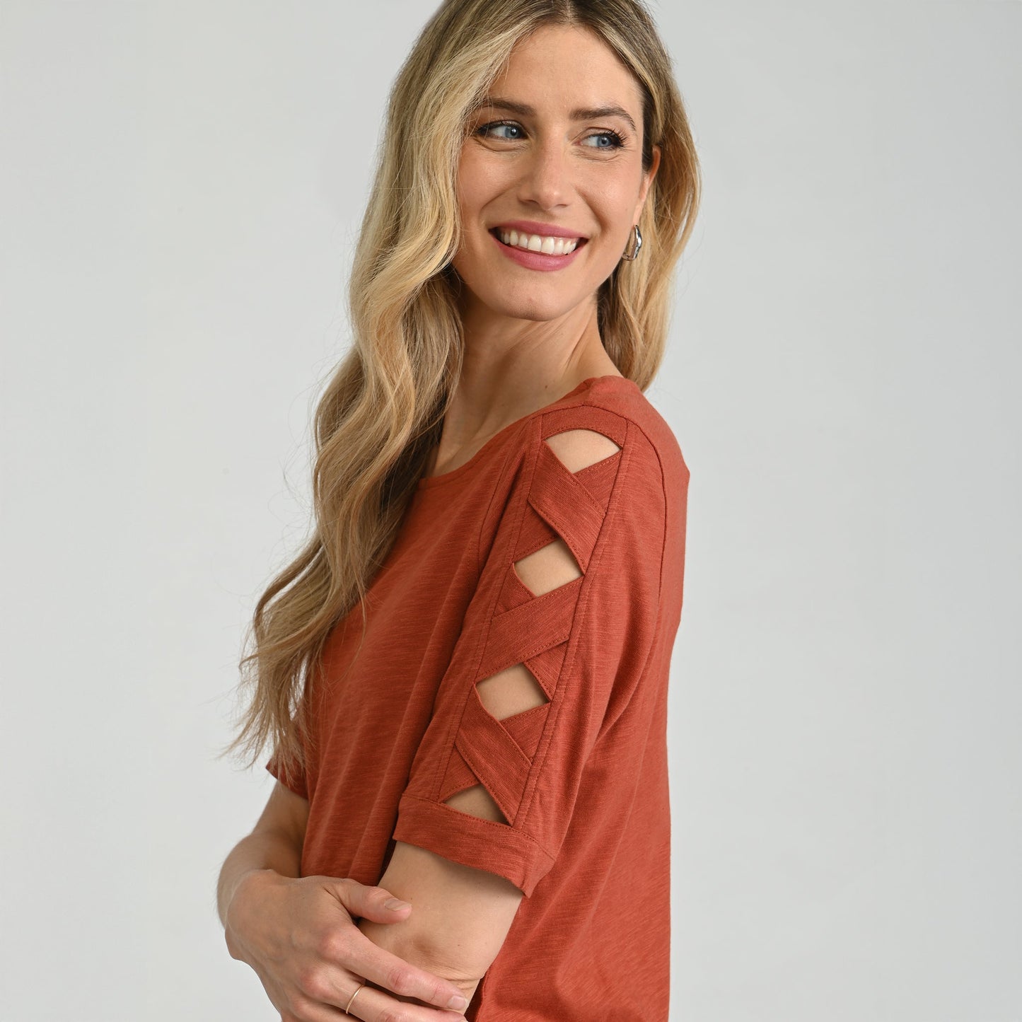 Christopher & Banks Lattice Sleeve Jewel Neck Top